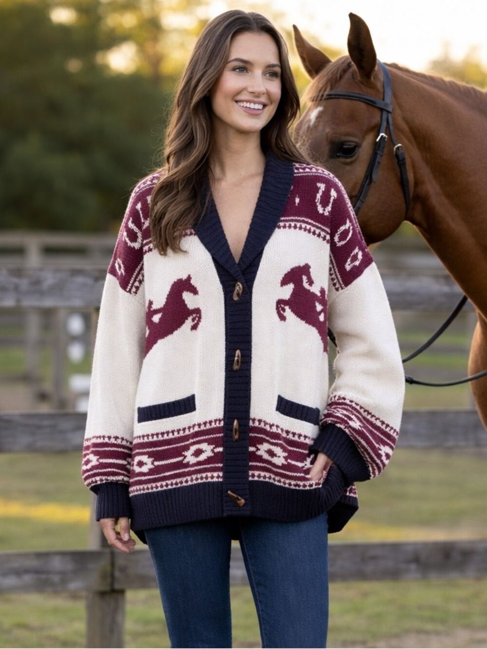 Altar'd State Equestrian Horse Pattern Toggle Shawl Collar Cardigan Sweater Sz L